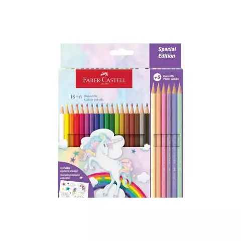 Kredki sześciokątne edycja jednorożec 18KOL. standardowych + 6 kol. pastelowych + naklejki Faber-Castell