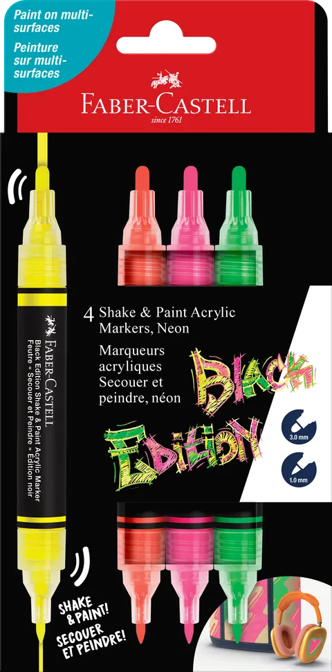 Marker akrylowy black edition shake&paint 4 kol. neonowe op. kartonowe Faber-Castell