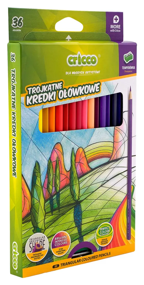 Kredki Cricco trójkątne 36-KOL. op.kartonowe z temperówką