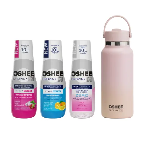 3x OSHEE Drop In Hydrokoncentrat 500ml + Butelka termiczna OSHEE DROP IN HydraGo różowa 946 ml