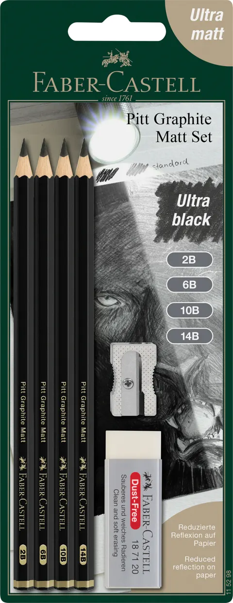 Pitt graphite matt zestaw na blistrze 4 ołówki 2B 6B 10B 14B + gumka + temperówka Faber-Castell