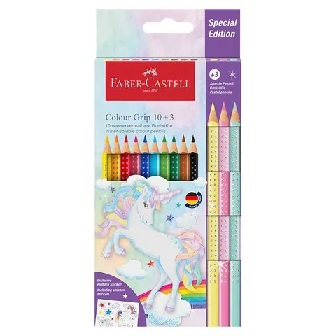 Kredki Grip 2001 Faber-Castell Unicorn 10 Kredek + 3 Kredki Pastelowe + Naklejki 201542FC