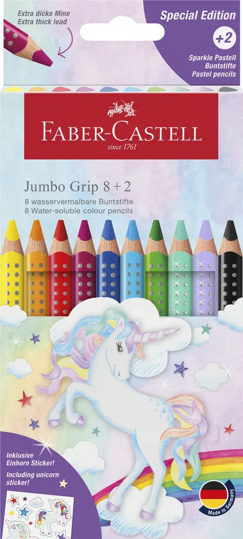 FABER-CASTELL Kredki grube szkolne Grip Jumbo 8+2 / 10 kol Unicorn naklejki