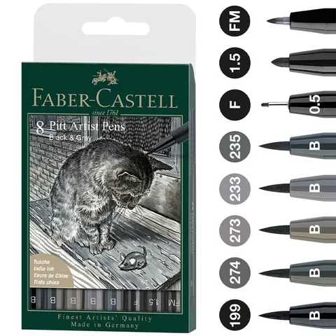 Cienkopisy artystyczne Faber Castell 8 sztuk Grey & Black PITT