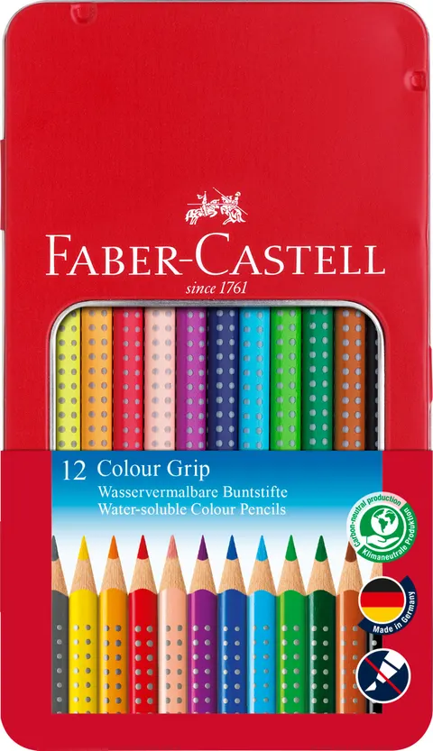 Kredki 12-kol. GRIP metalowe pudełko, Faber-Castell