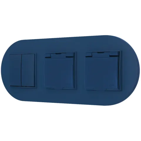 Włącznik podwójny i dwa gniazda hermetyczne z ramką okrągłą seria MINI kolor navy blue