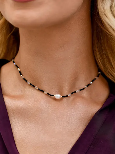 Choker perełka, kryształki, stal pozłacana S311791Z01