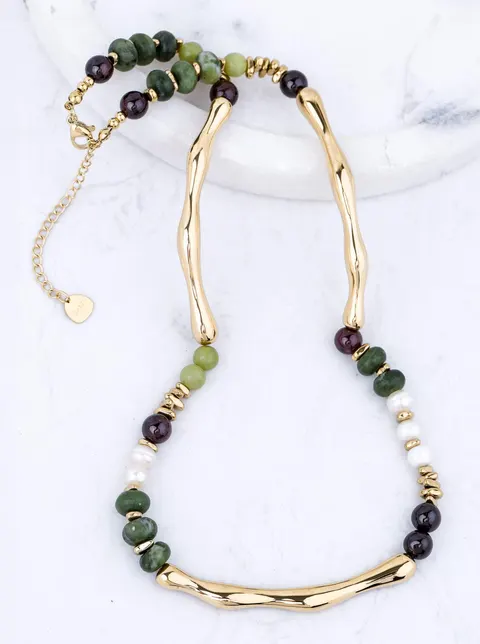Naszyjnik Jadeit, Granat, perły, stal pozłacana S313065Z00
