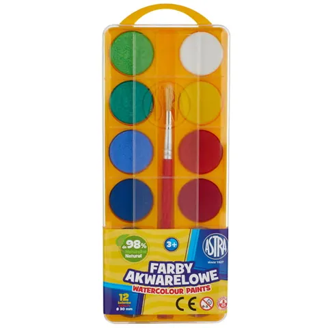 ASTRA FARBY AKWARELOWE 12 KOLORÓW 30 mm PĘDZELEK