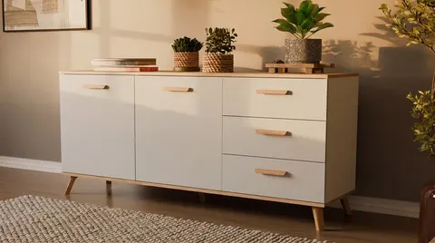 Komoda PICO 150 cm Biała / Dąb Artisan – 2 drzwi, 3 szuflady