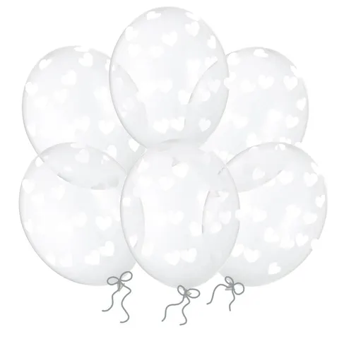 Balony transparentne w białe serduszka 30 cm 14 cali 6 szt