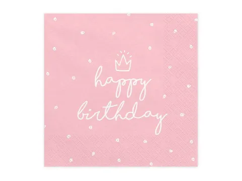 Serwetki papierowe na urodziny happy birthday jasnoróżowe 20 szt