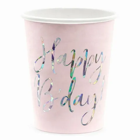 Kubeczki papierowe Happy B'day! pudrowy róż 220 ml 6 szt