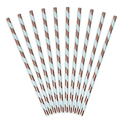 Słomki/rurki papierowe 19,5cm PARTYDECO z ukośnymi białymi paskami różowe złoto 10szt.