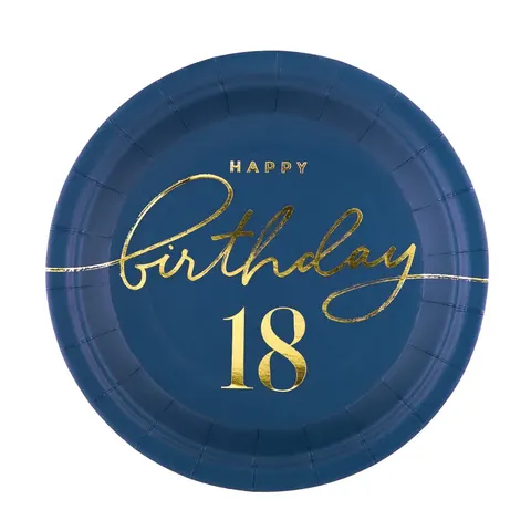Talerzyki papierowe Happy Birthday 18 granatowe 18 cm 6 szt