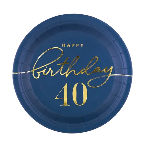 Talerzyki papierowe Happy Birthday 40 granatowe 18 cm 6 szt