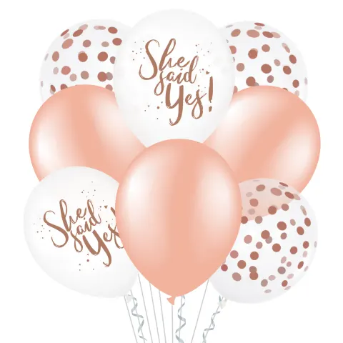 [d0382] Balony z nadrukiem She Said Yes rose gold 8szt