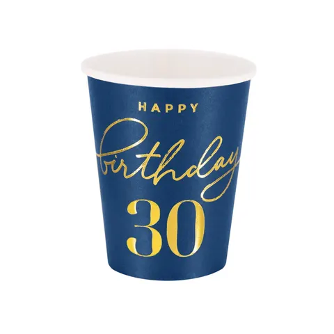 Kubeczki papierowe Happy Birthday 30 granatowe 220ml 6 szt