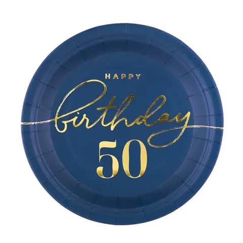 Talerzyki papierowe Happy Birthday 50 granatowe 18 cm 6 szt