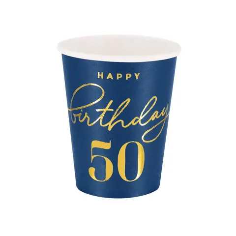 Kubeczki papierowe Happy Birthday 50 granatowe 220ml 6 szt
