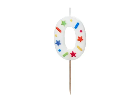 Świeczka urodzinowa Cyfra 0 biała konfetti 5.5 cm