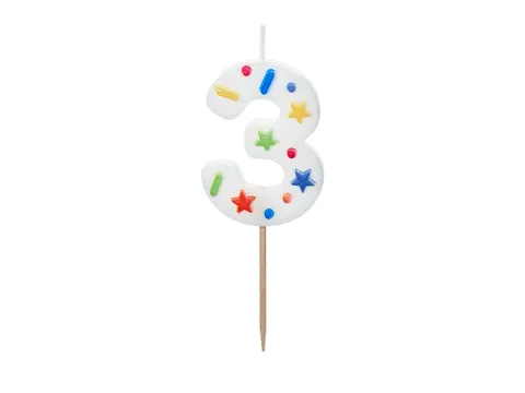 Świeczka urodzinowa Cyfra 3 biała konfetti 5.5 cm