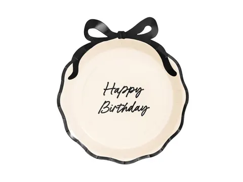 Talerzyki papierowe Happy Birthday z kokardką 24 cm