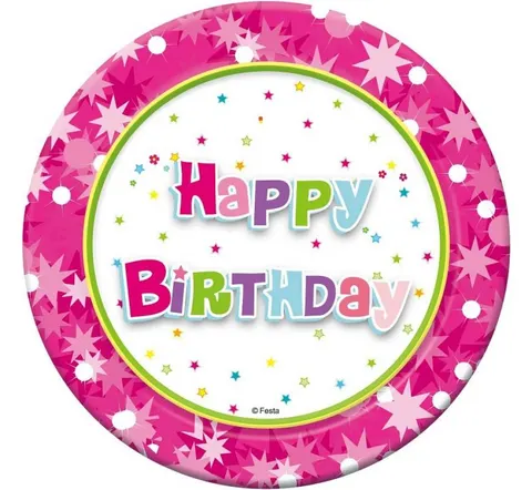 Talerzyki papierowe Happy Birthday (różowe) 18 cm 6 szt