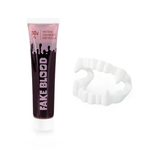 Sztuczna krew 30 ml + zęby wampira Halloween / zestaw