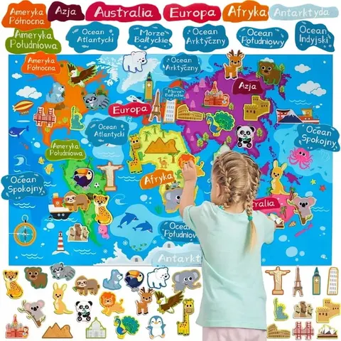 Tablica mata filcowa edukacyjna dla dzieci montessori - mapa świata