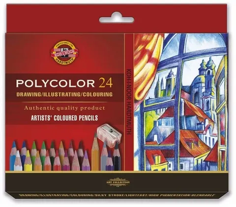 Kredki artystyczne Koh-I-Noor Polycolor 24 kolory + 2 ołówki HB i temperówka – kartonowe pudełko (3834)