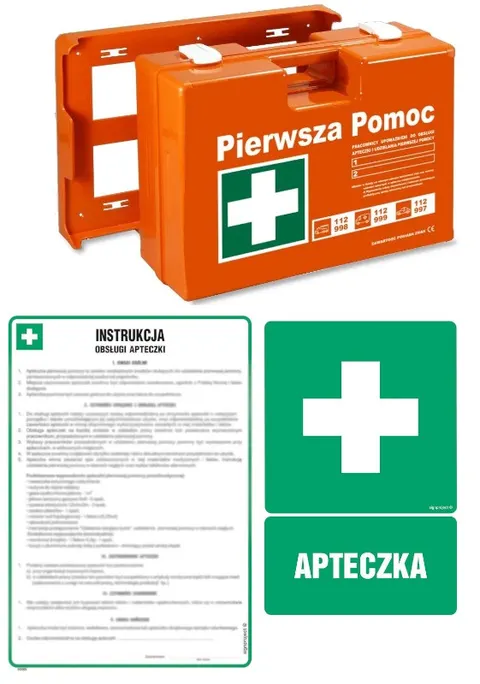 Zestaw pierwszej pomocy w biurze (apteczka + instrukcja + znak)