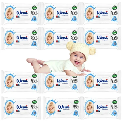 Chusteczki nawilżane dla niemowląt, dzieci 99%wody Wewi Biodegradable 12x60
