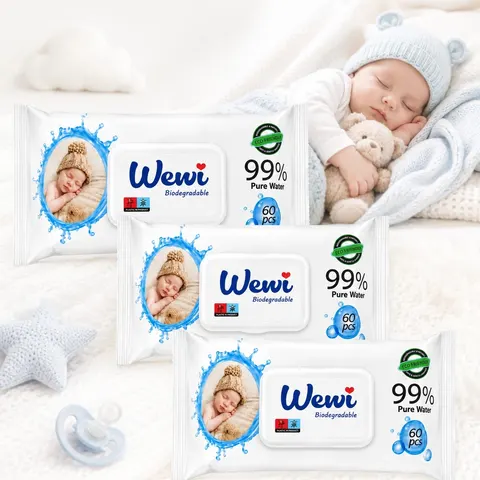 Chusteczki nawilżane dla niemowląt,dzieci 99%wody Wewi Biodegradable 3x60sz