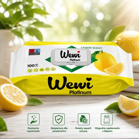 WEWI Platinum Lemon chusteczki czyszczące cytryna EXTRA GRUBE i DUŻE 100szt