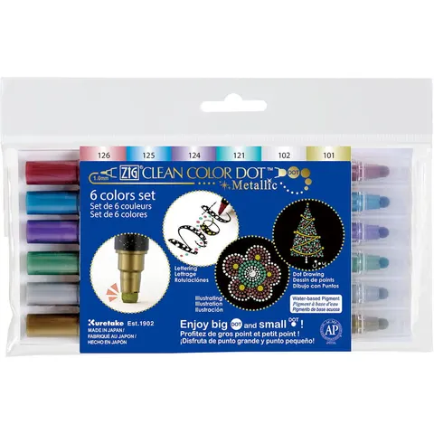 Kuretake Clean Color Dot Metallic dwie końcówki Zestaw 6 kolorów TC-8100/6V
