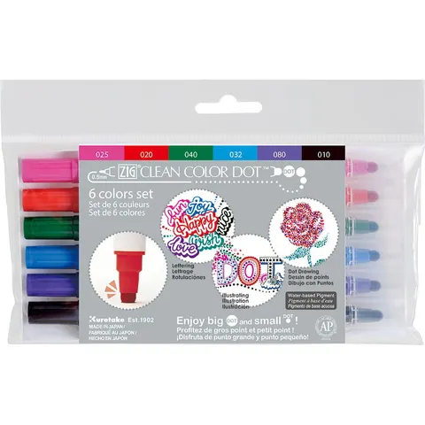 Kuretake Clean Color Dot dwie końcówki Zestaw 6 kolorów TC-6100/6V