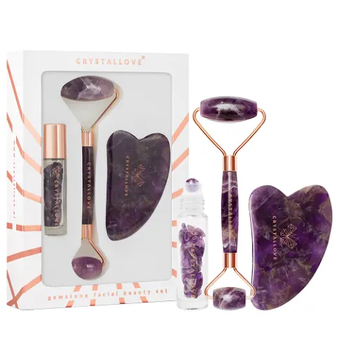 Crystallove Zestaw Amethyst Quartz: Roller do twarzy + Płytka gua sha + Buteleczka roll-on