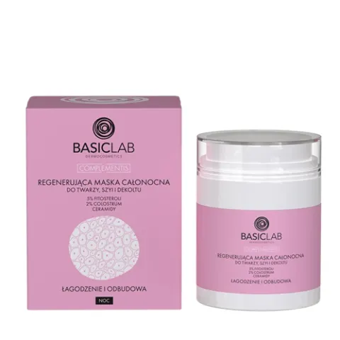 BasicLab Complementis Regenerująca maska całonocna do twarzy, szyi i dekoltu, 5% fitosteroli, 2% colostrum, ceramidy 50 ml