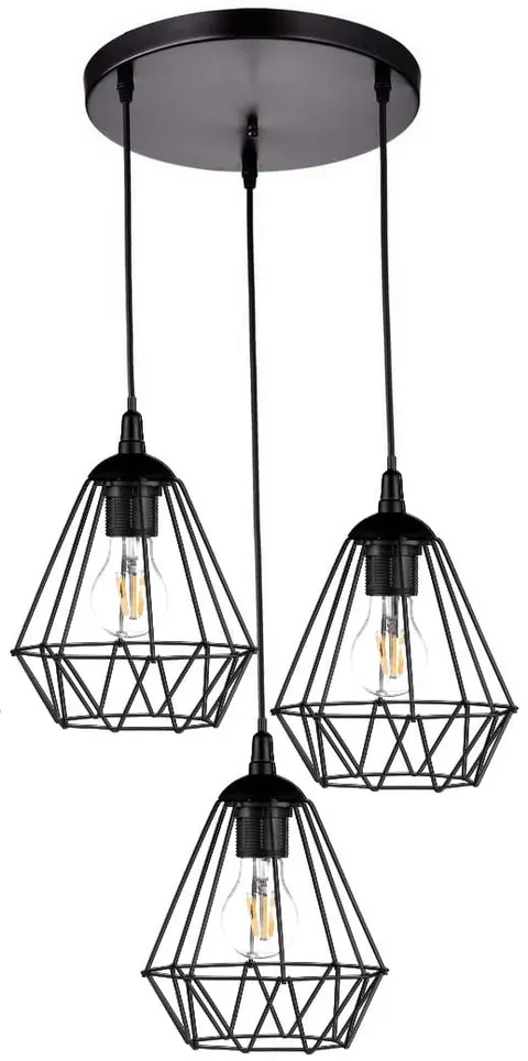 Lampa wisząca loft DIAMENT potrójna na plafonie czarna
