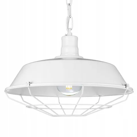 Duża industrialna lampa wisząca z łańcuchem i kratką biała