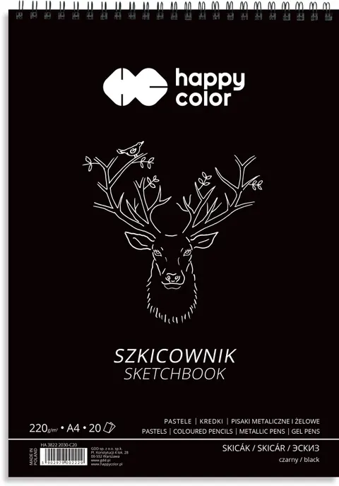 Szkicownik na spirali CZARNY A4, 20 ark, 220g, Happy Color