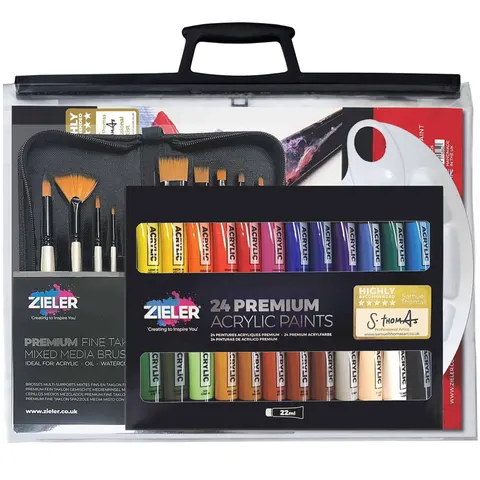 Zestaw farb akrylowych Zieler Premium Acrylic A3 - 24x22 ml + akcesoria