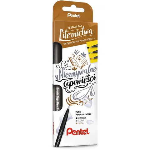 Pisaki pędzelkowe zestaw do liternictwa Brush Sign Pen 3 sztuki Niezmywalne Opowieści, Pentel
