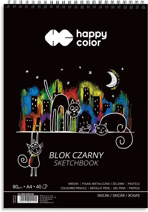 Blok na spirali Happy Color czarny - A4, 80 g, 40 ark.