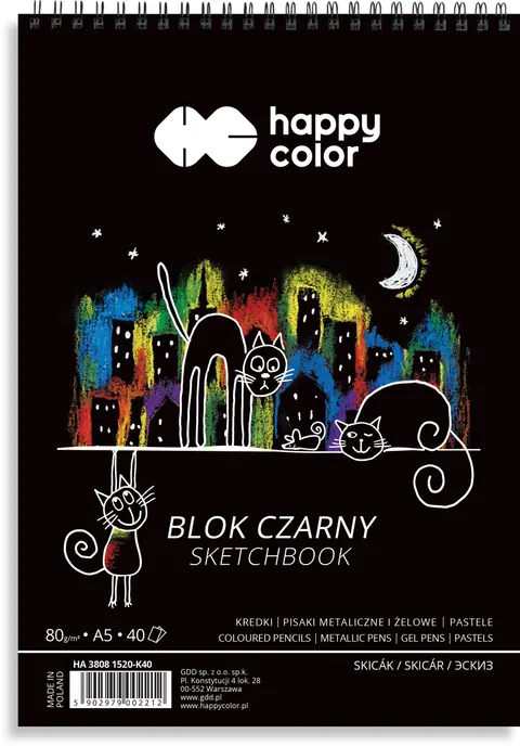 Blok na spirali Happy Color czarny - A5, 80 g, 40 ark.