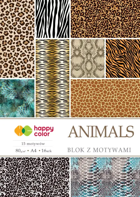 Blok papierów z motywami Animals A4 15+1 ark. 80g, 15 motywów, Happy Color