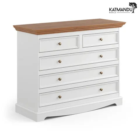 Komoda Katmandu BELLUNO ELEGANTE 5 szuflad biały-dąb – prowansalska komoda drewniana z dębowym blatem