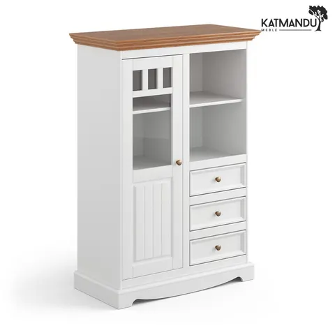 Witrynka Katmandu BELLUNO ELEGANTE 1.3 biały-dąb – prowansalska witryna z szufladami