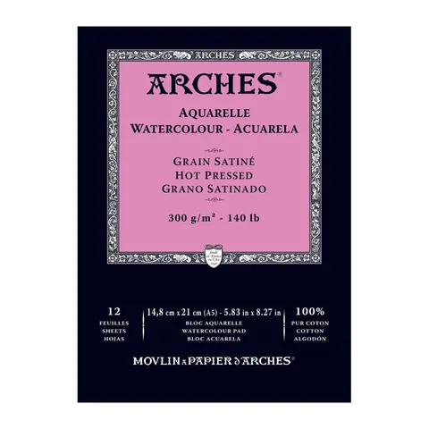 Blok do akwareli Arches Grain Satine - A5, 300 g, 12 ark., 100% bawełny, hot pressed